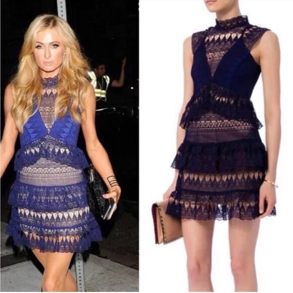 Self Portrait Teardrop Paneled Guipure Lace Mini Dress Holiday Blue Size 4 - Picture 3 of 11